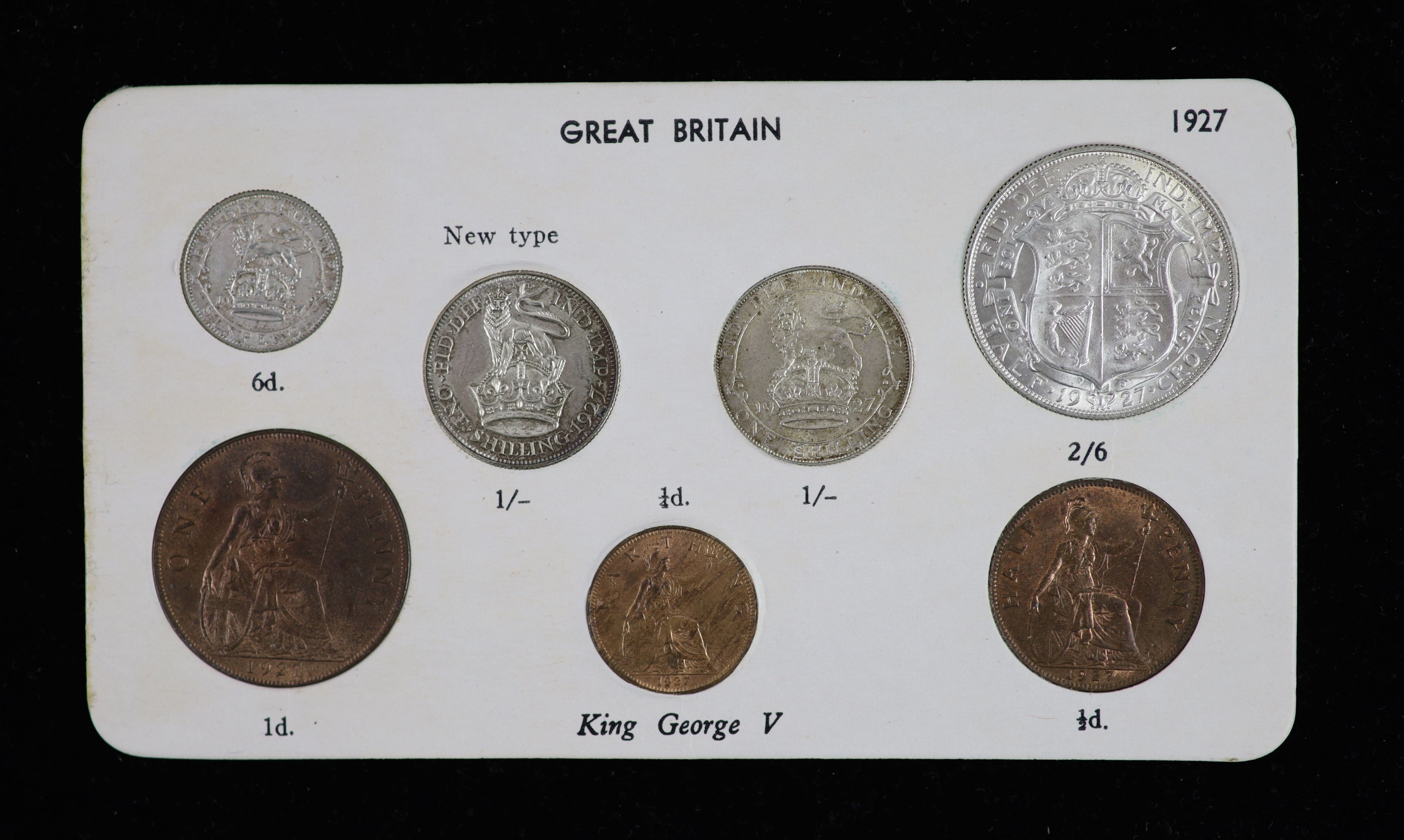 George V specimen set of seven coins, 1927, comprising 3rd coinage, halfcrown and shilling, 3rd coinage, and 4th coinage shilling, sixpence, all cleaned good VF/EF, the penny, halfpenny and farthing, toned and lustrous U